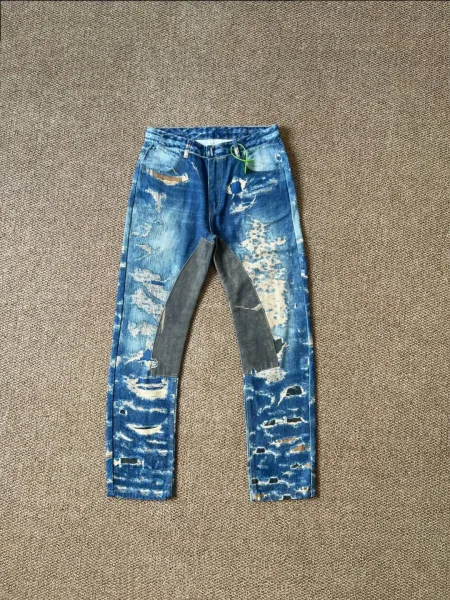Design Distressed Patchwork Denim Jeans Blue - 1