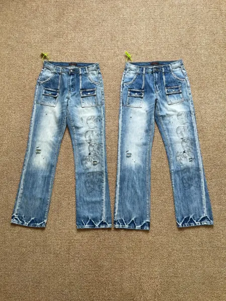 Design Distressed Graphic Print Wide-Leg Jeans Blue - 1
