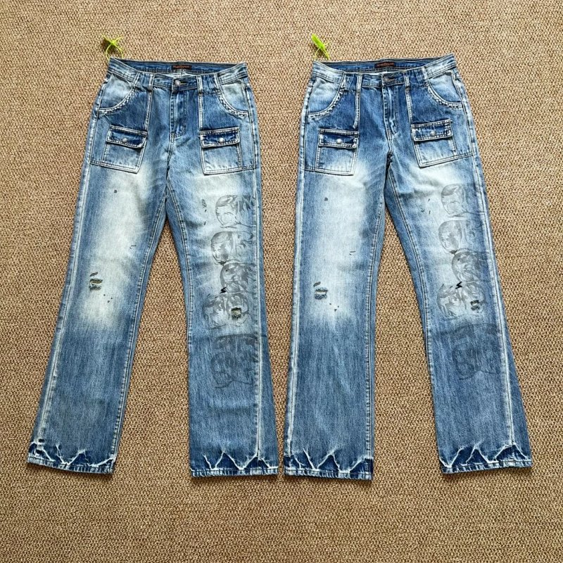 Distressed Graphic Print Wide-Leg Jeans Blue