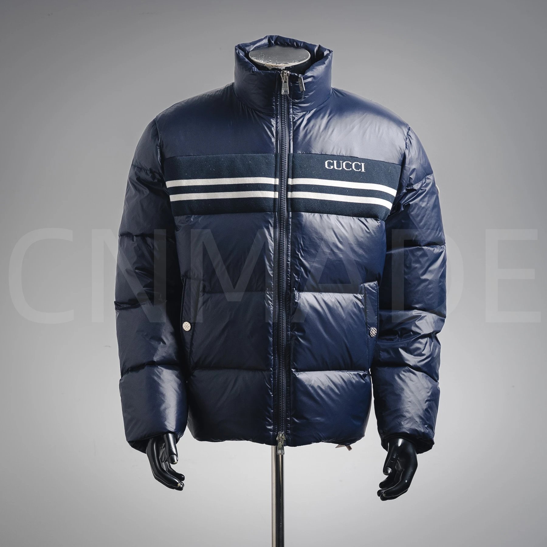 胸前条纹logo立领羽绒服-墨蓝