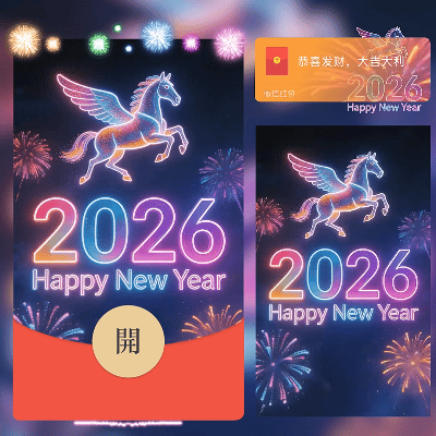 霓虹飞马烟花2026/新年快乐/马年暴富发财/ln红包封面皮肤
