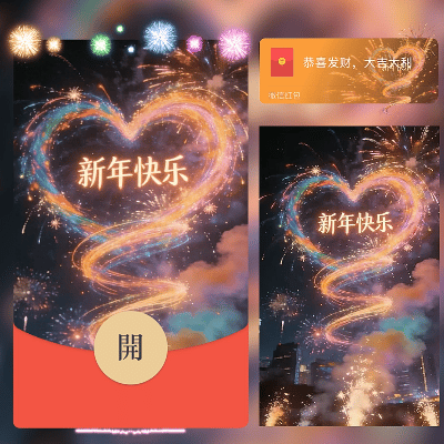 心型烟花新年快乐/马年暴富发财/ln红包封面皮肤