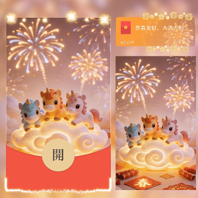 三马庆新春烟花/新年快乐/马年暴富发财/ln红包封面皮肤