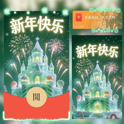 冰雕绿色新年快乐烟花/马年暴富发财/ln红包封面皮肤