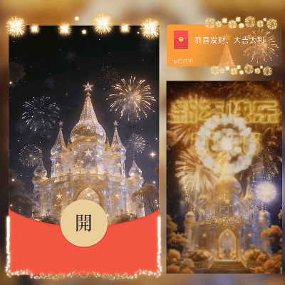 花房金色城堡烟花2026/新年快乐/马年暴富发财/ln红包封面皮肤