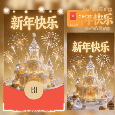 冰雕金色新年快乐烟花/新年快乐/马年暴富发财/ln红包封面皮肤