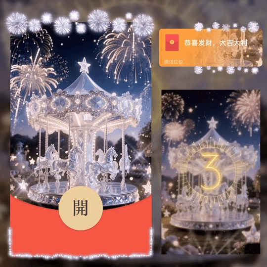 2026粉色新年快乐旋转木马烟花/动态/LM红包封面皮肤