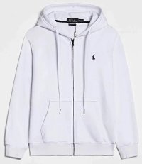 White hoodie with a blue label