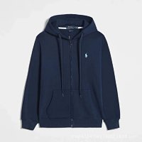 Navy blue sweatshirt with a green label