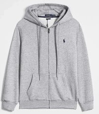 Gray hoodie with a black label