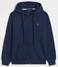 Navy blue hoodie with a red label