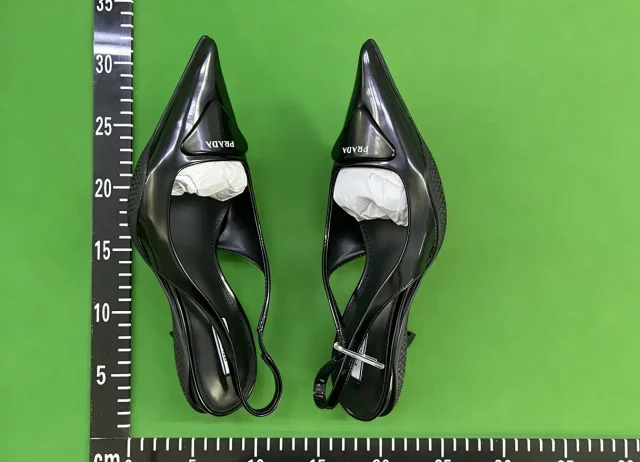 Prada High Heels Pointed-Toe Slingback Pumps with Triangle Logo Plaque product detail image 14