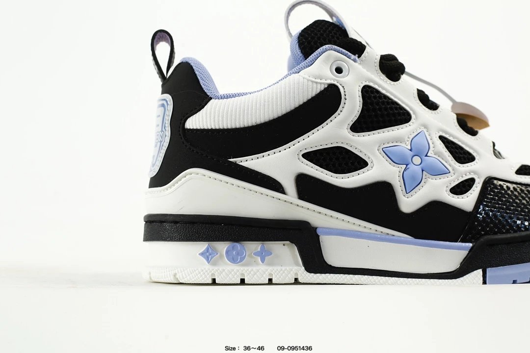 Luxury Leather Low Top Trainer Sneakers Black White Lilac - Gallery Image 2 - Detailed View