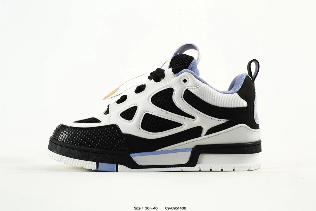 Luxury Leather Low Top Trainer Sneakers Black White Lilac - Gallery Image 3 - Detailed View