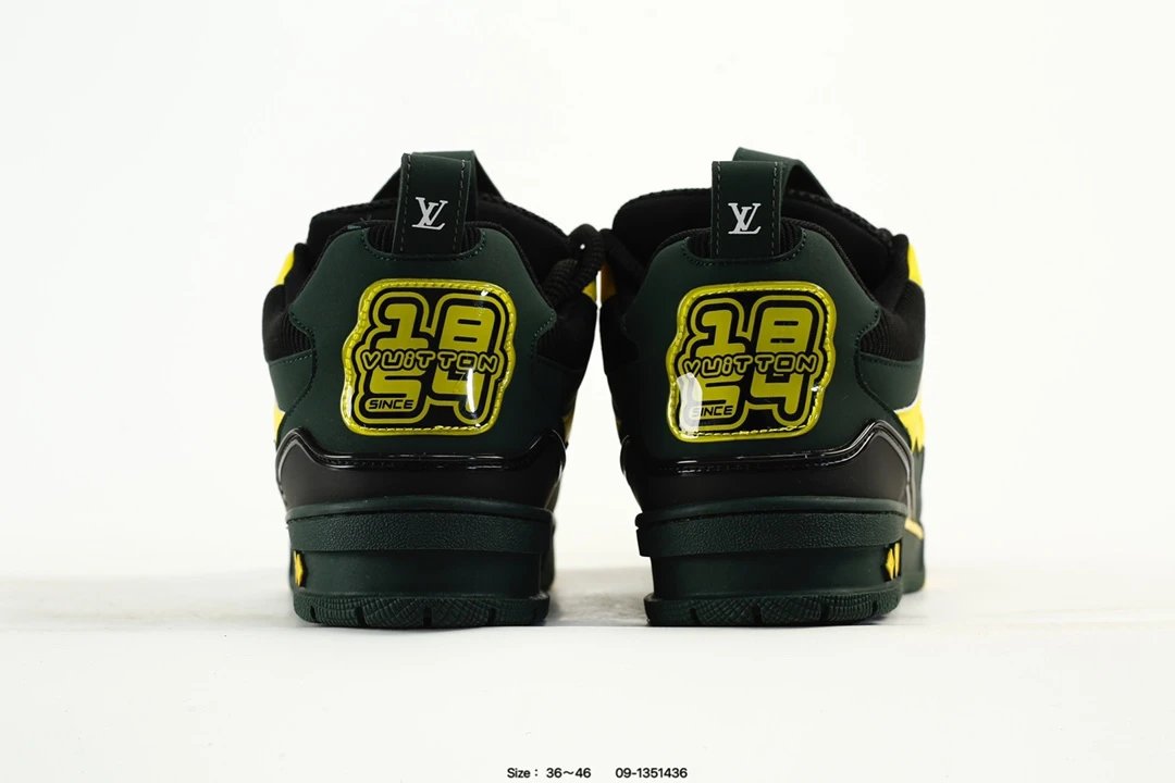 Trainer Sneaker Low Leather Casual Skate Shoes Dark Green Yellow - Gallery Image 7 - Detailed View
