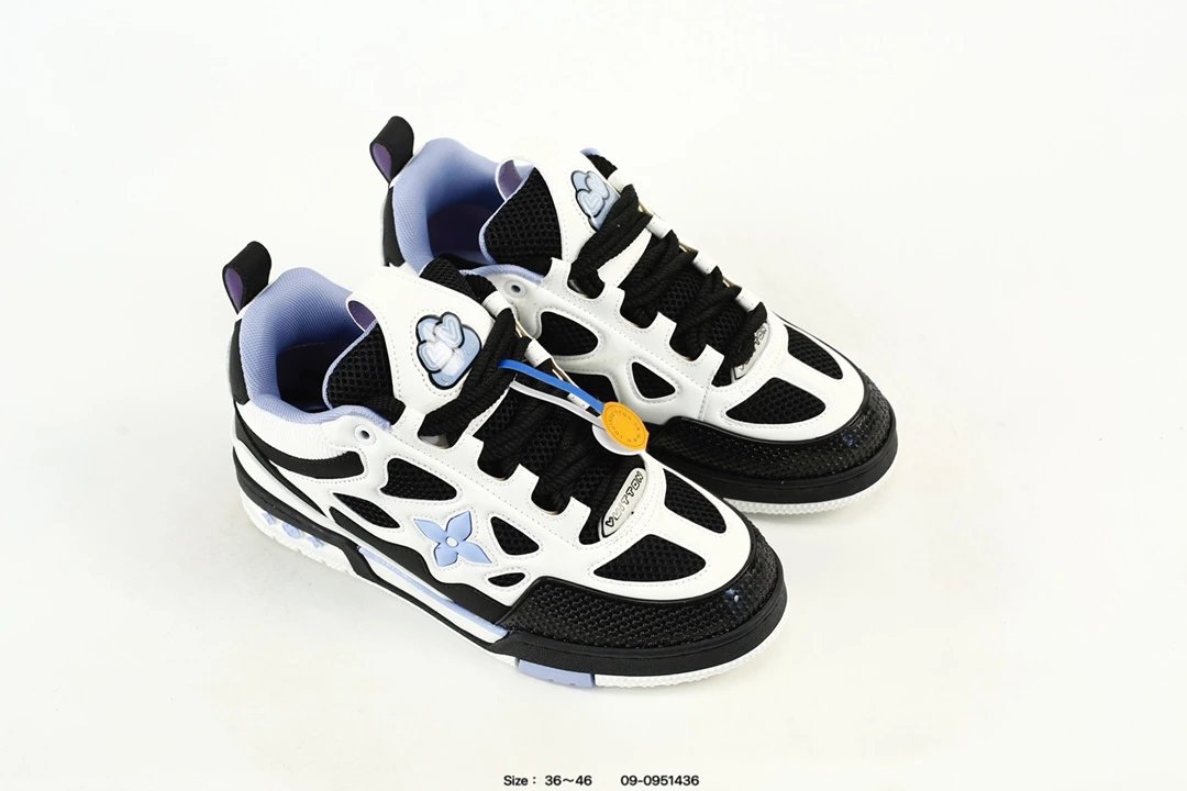 Luxury Leather Low Top Trainer Sneakers Black White Lilac - Gallery Image 8 - Detailed View