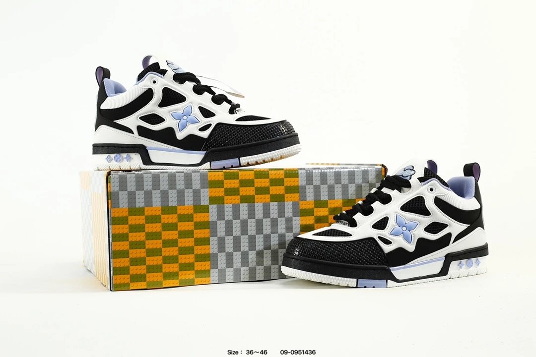 Luxury Leather Low Top Trainer Sneakers Black White Lilac - Gallery Image 9 - Detailed View