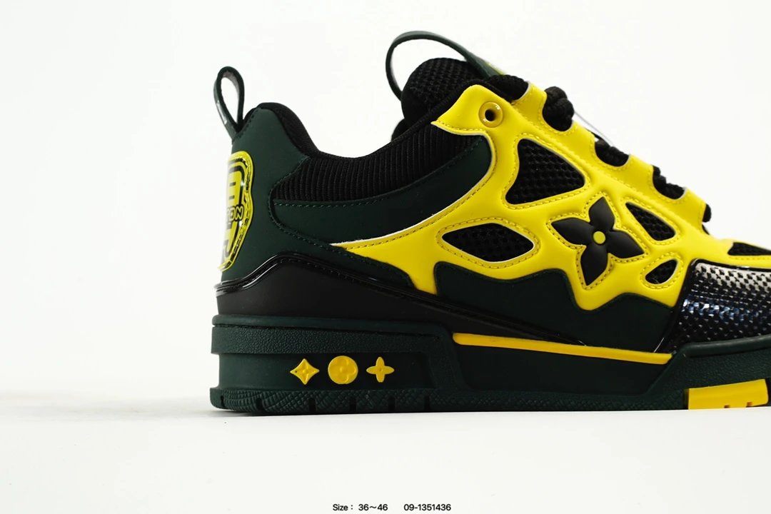 Trainer Sneaker Low Leather Casual Skate Shoes Dark Green Yellow - Gallery Image 2 - Detailed View
