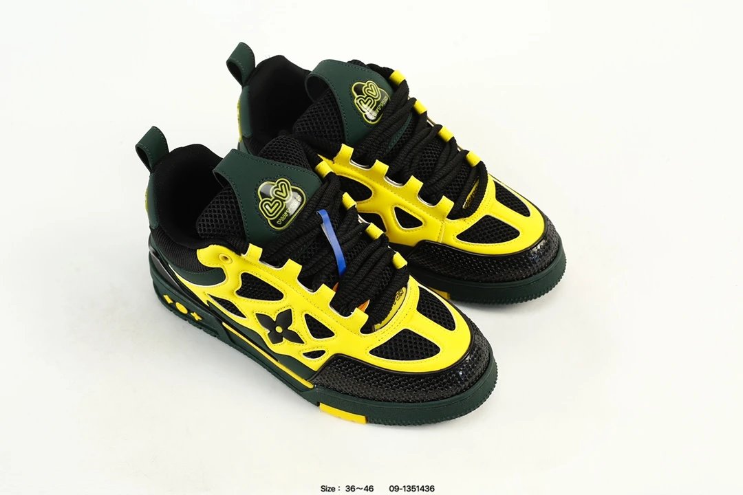 Trainer Sneaker Low Leather Casual Skate Shoes Dark Green Yellow - Gallery Image 8 - Detailed View