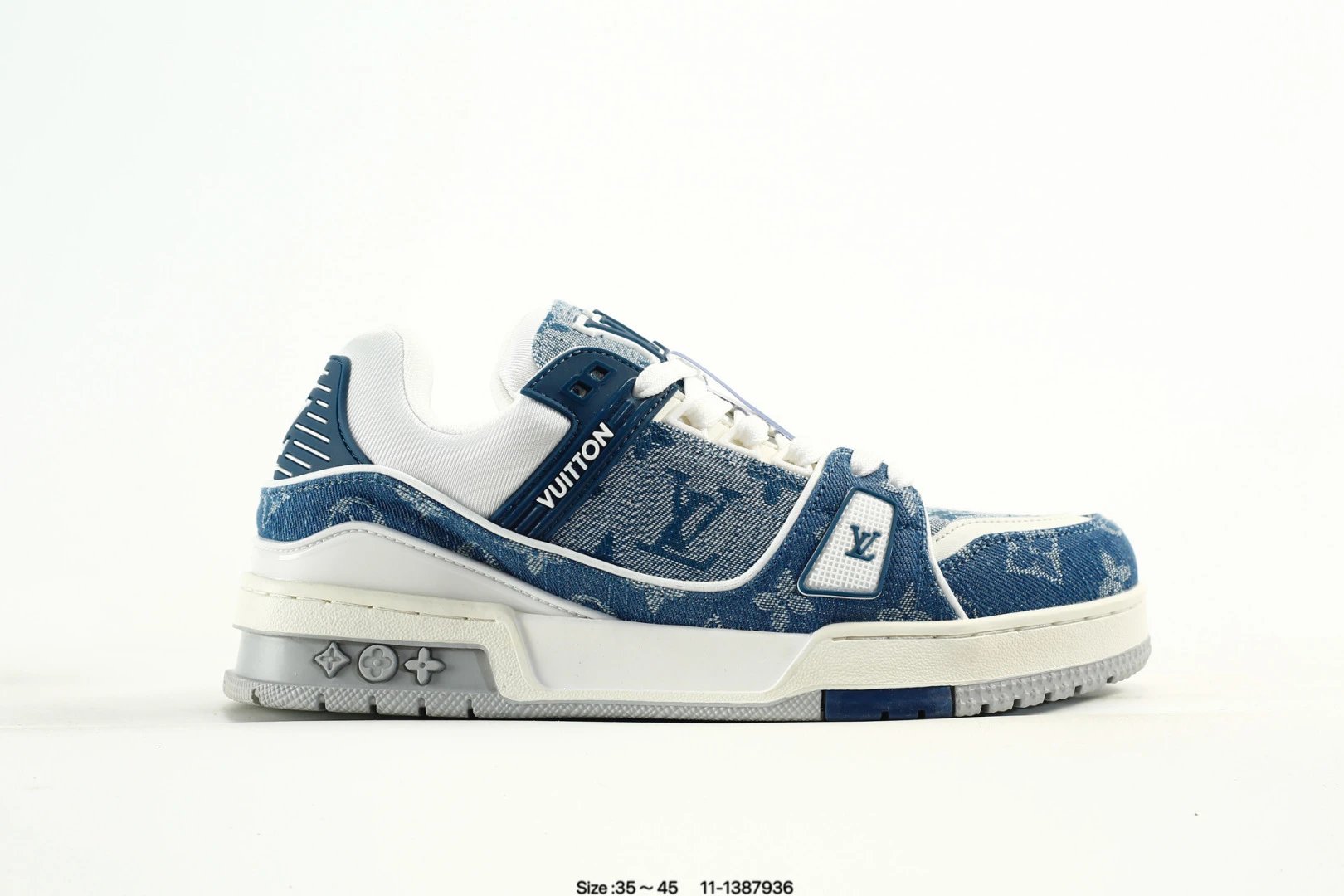 Denim Leather Low Top Trainer Sneakers Grey Noir - Gallery Image 4 - Detailed View