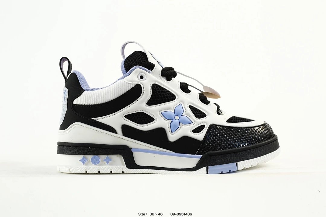 Luxury Leather Low Top Trainer Sneakers Black White Lilac - Gallery Image 1 - Detailed View