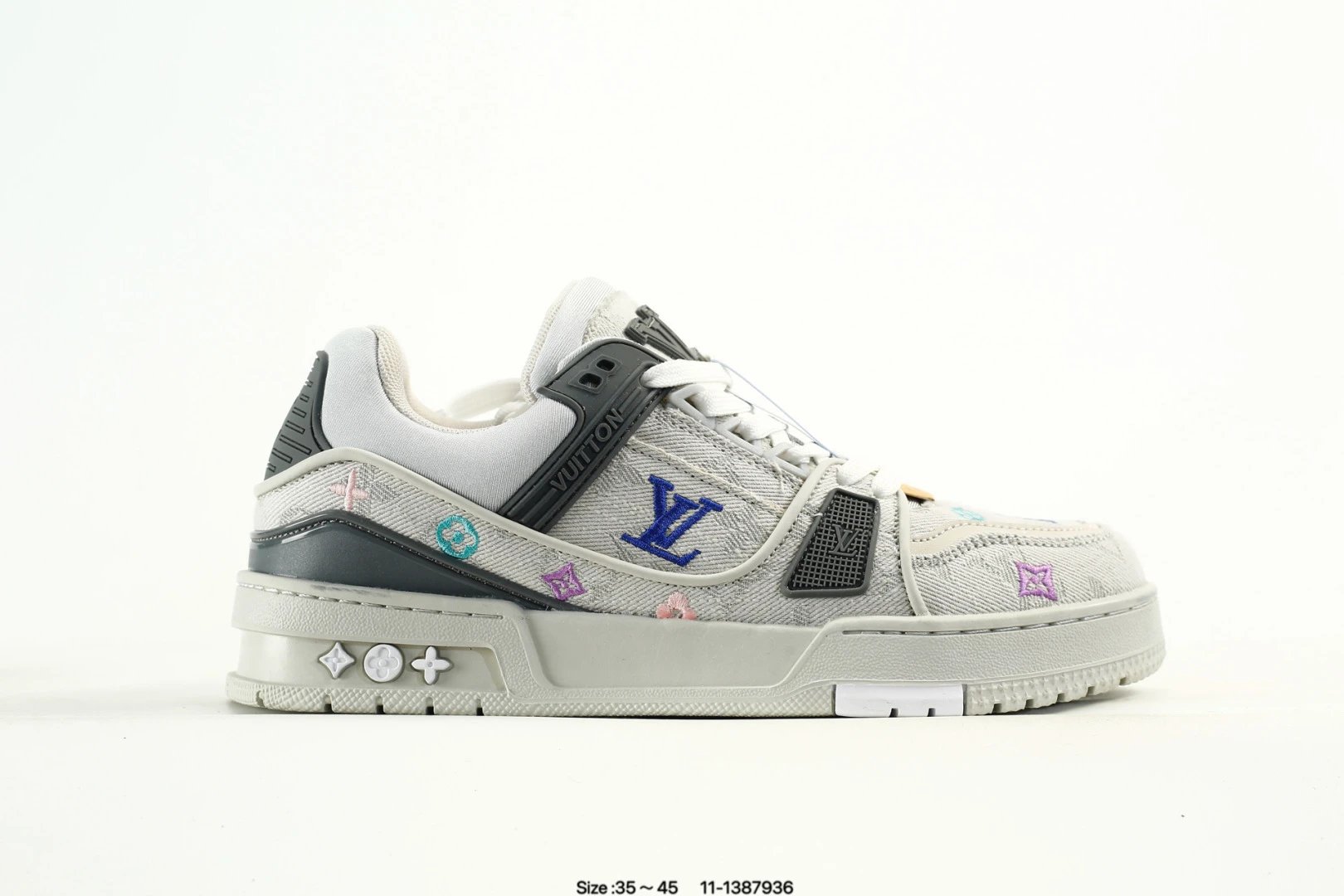 Denim Leather Low Top Trainer Sneakers Grey Noir - Gallery Image 3 - Detailed View