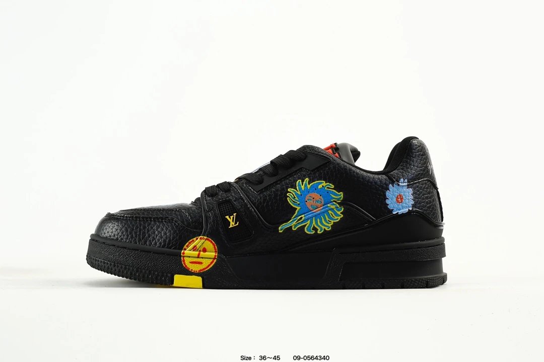 Luxury Leather Trainer Low Top Sneakers Black Multicolor - Gallery Image 3 - Detailed View