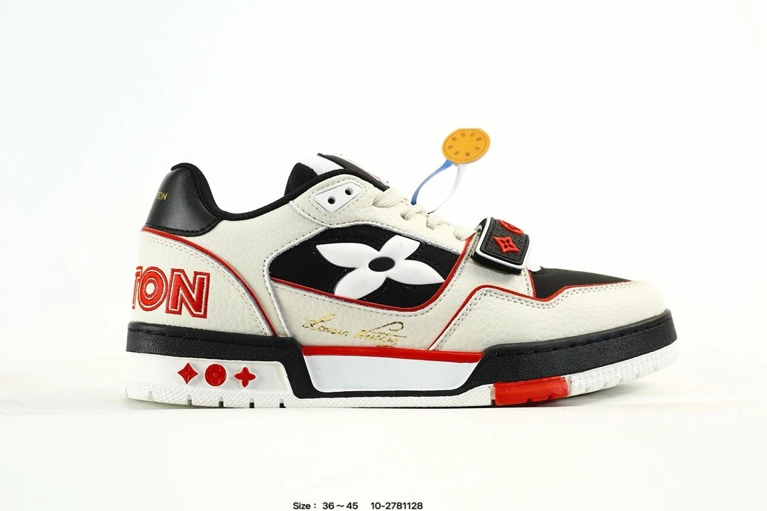 Luxury Leather Low Top Trainer Sneakers Ivory Black Red - Gallery Image 1 - Detailed View