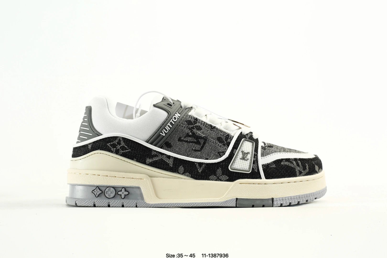 Denim Leather Low Top Trainer Sneakers Grey Noir - Gallery Image 1 - Detailed View