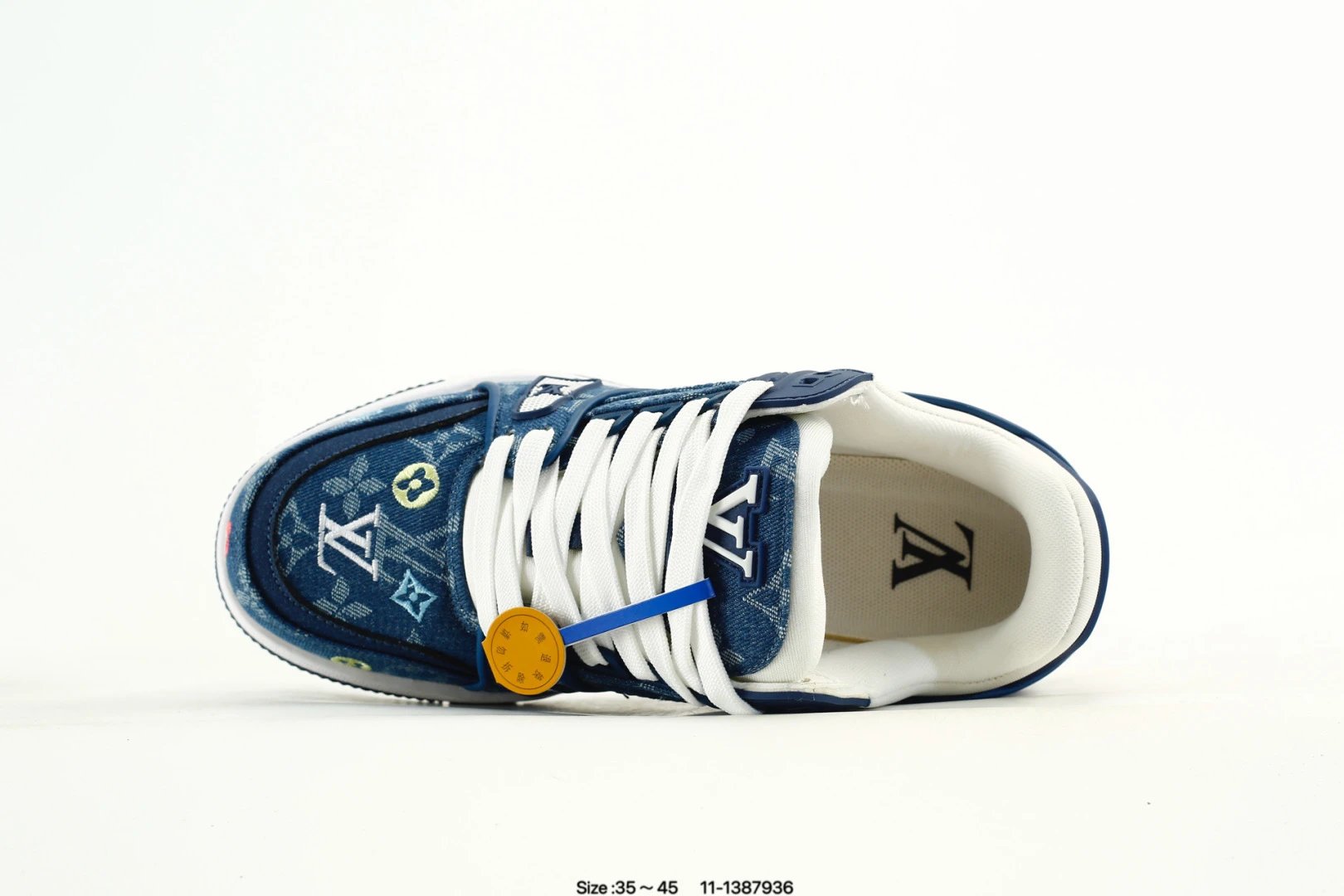 Luxury Low Top Trainer Sneakers Leather Navy Blue - Gallery Image 4 - Detailed View
