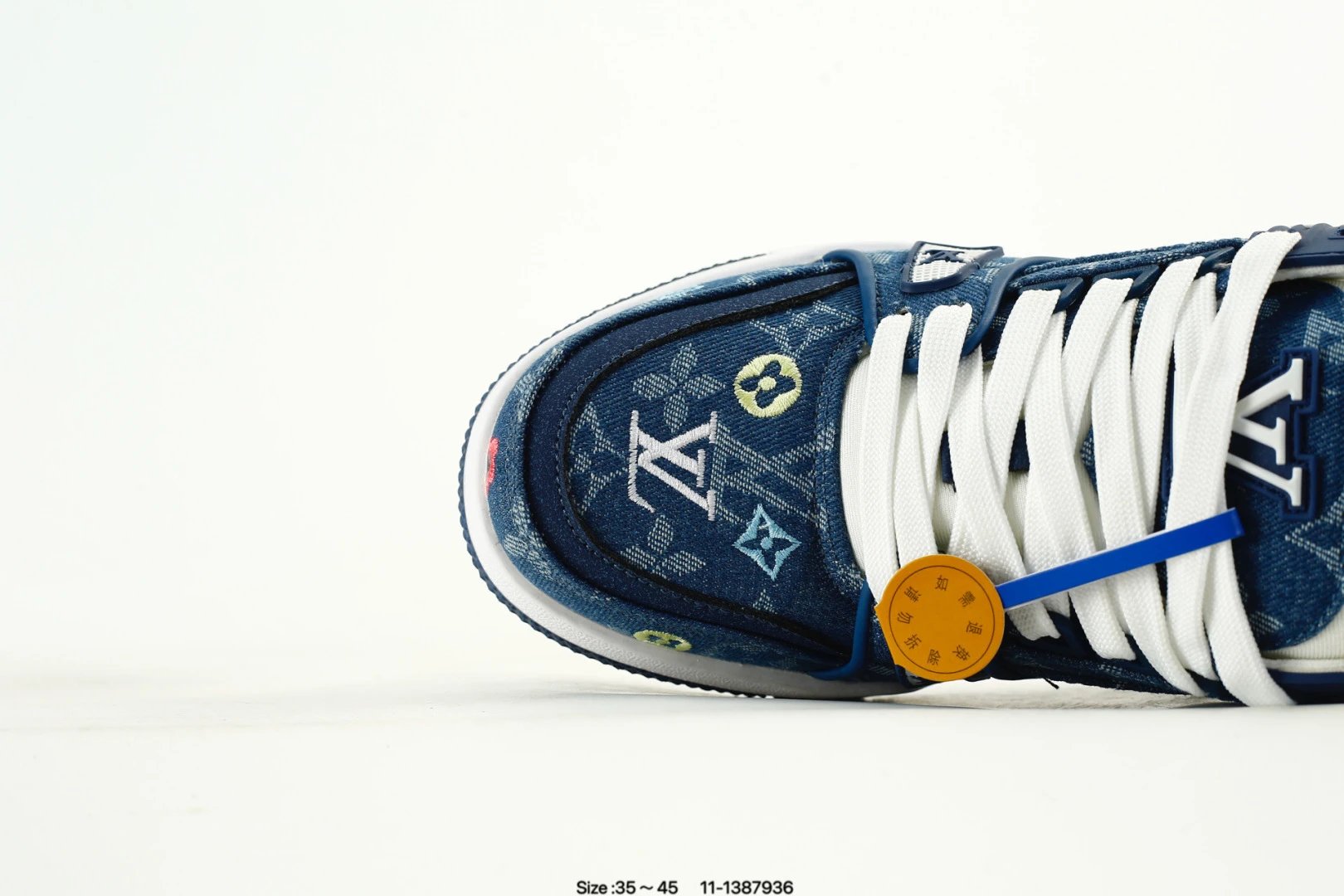 Luxury Low Top Trainer Sneakers Leather Navy Blue - Gallery Image 5 - Detailed View