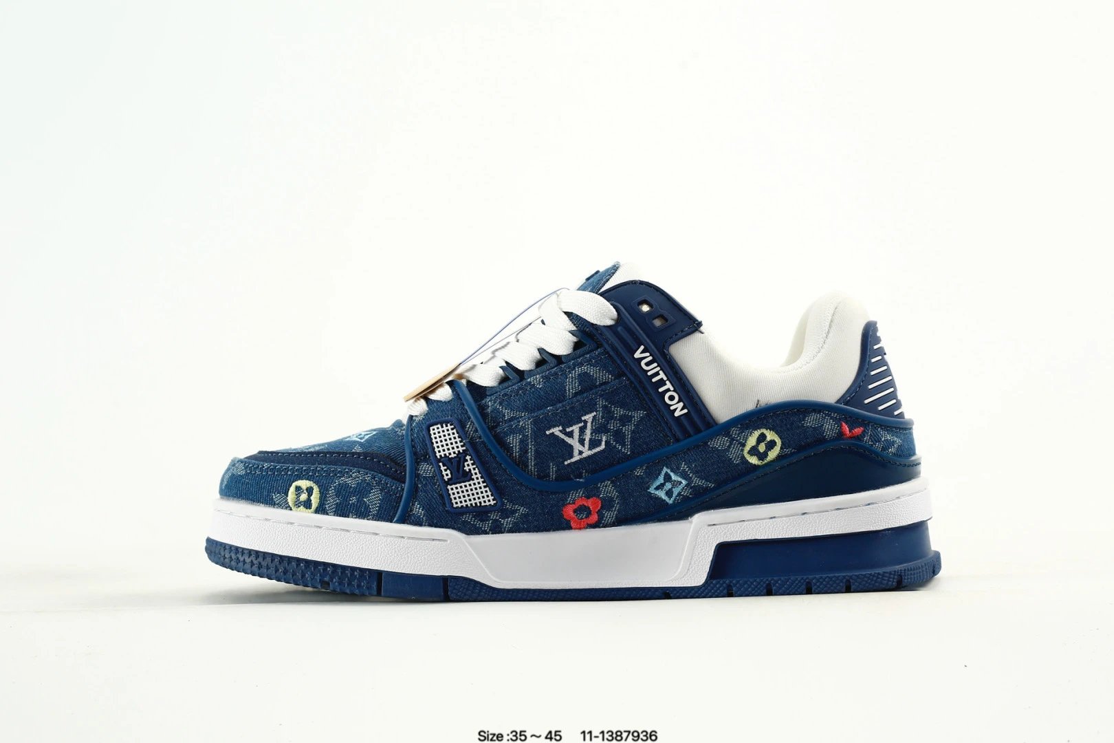 Luxury Low Top Trainer Sneakers Leather Navy Blue - Gallery Image 3 - Detailed View
