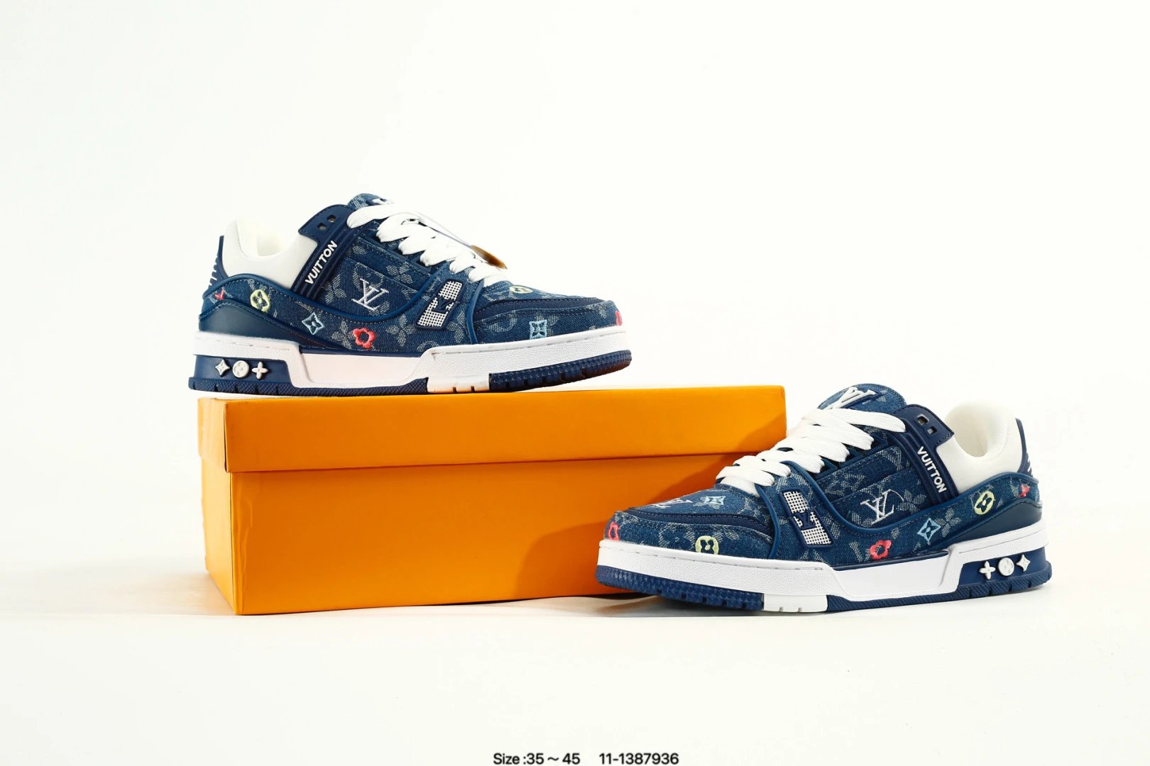 Luxury Low Top Trainer Sneakers Leather Navy Blue - Gallery Image 9 - Detailed View