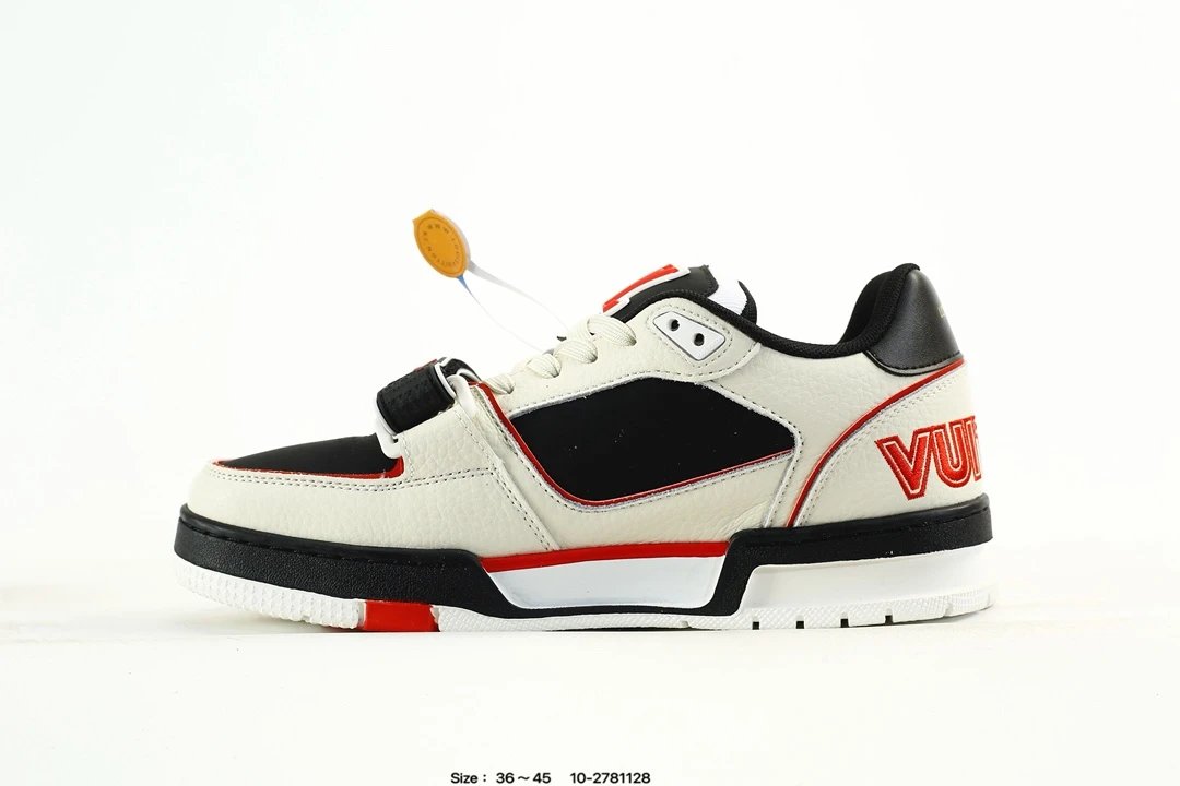 Luxury Leather Low Top Trainer Sneakers Ivory Black Red - Gallery Image 3 - Detailed View