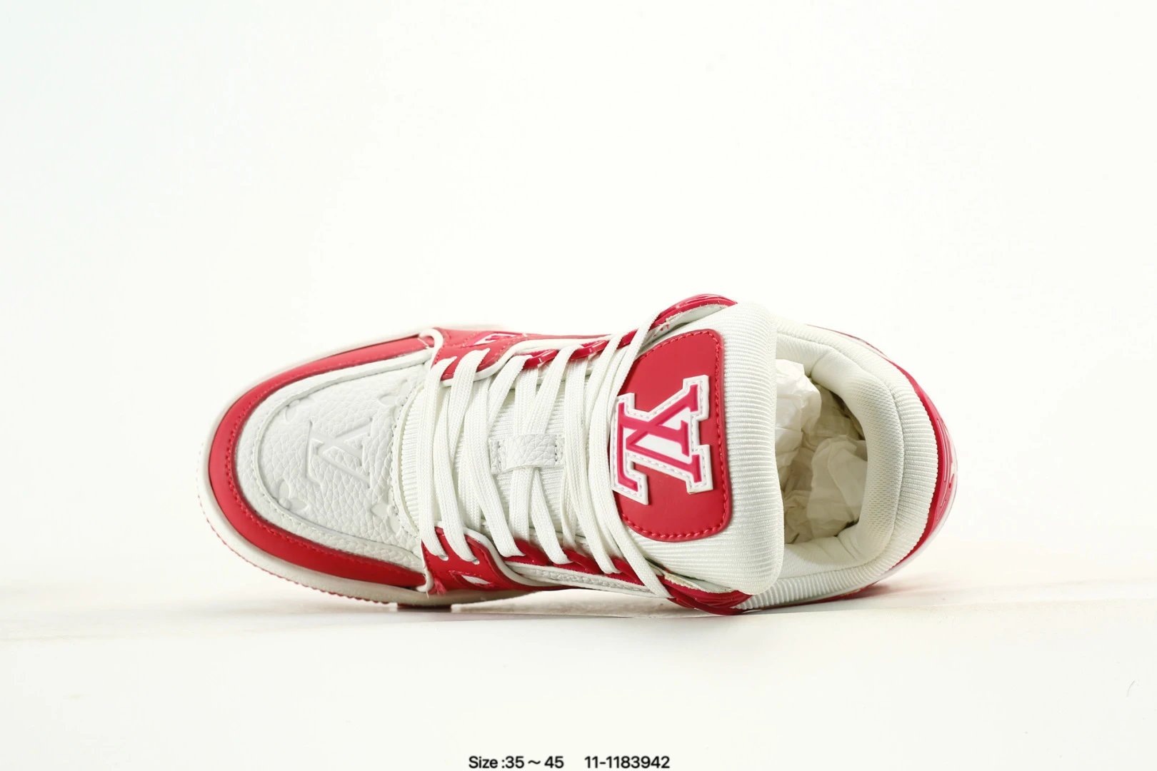 Skate Sneakers Grain Leather Mesh Low Top Scarlet White - Gallery Image 4 - Detailed View