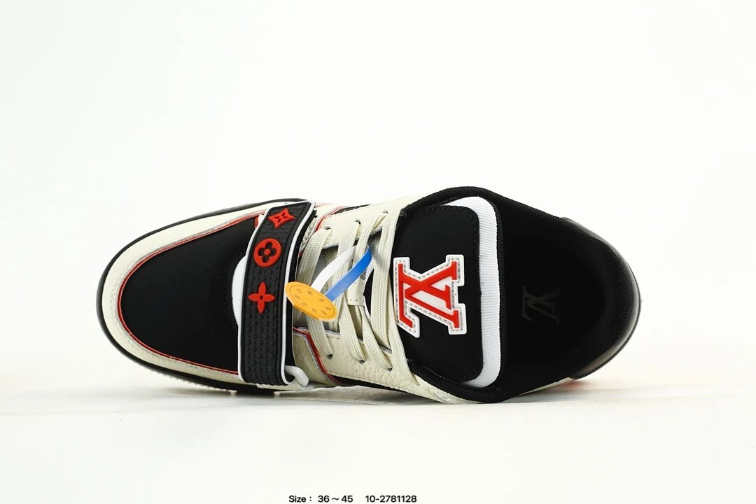 Luxury Leather Low Top Trainer Sneakers Ivory Black Red - Gallery Image 4 - Detailed View