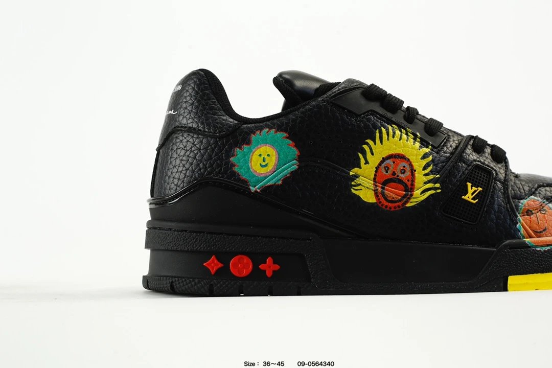 Luxury Leather Trainer Low Top Sneakers Black Multicolor - Gallery Image 2 - Detailed View