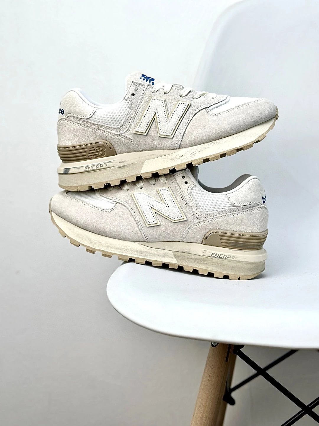 Retro Suede Mesh Sneakers Running Shoes, Ecru - Gallery Image 2 - Detailed View