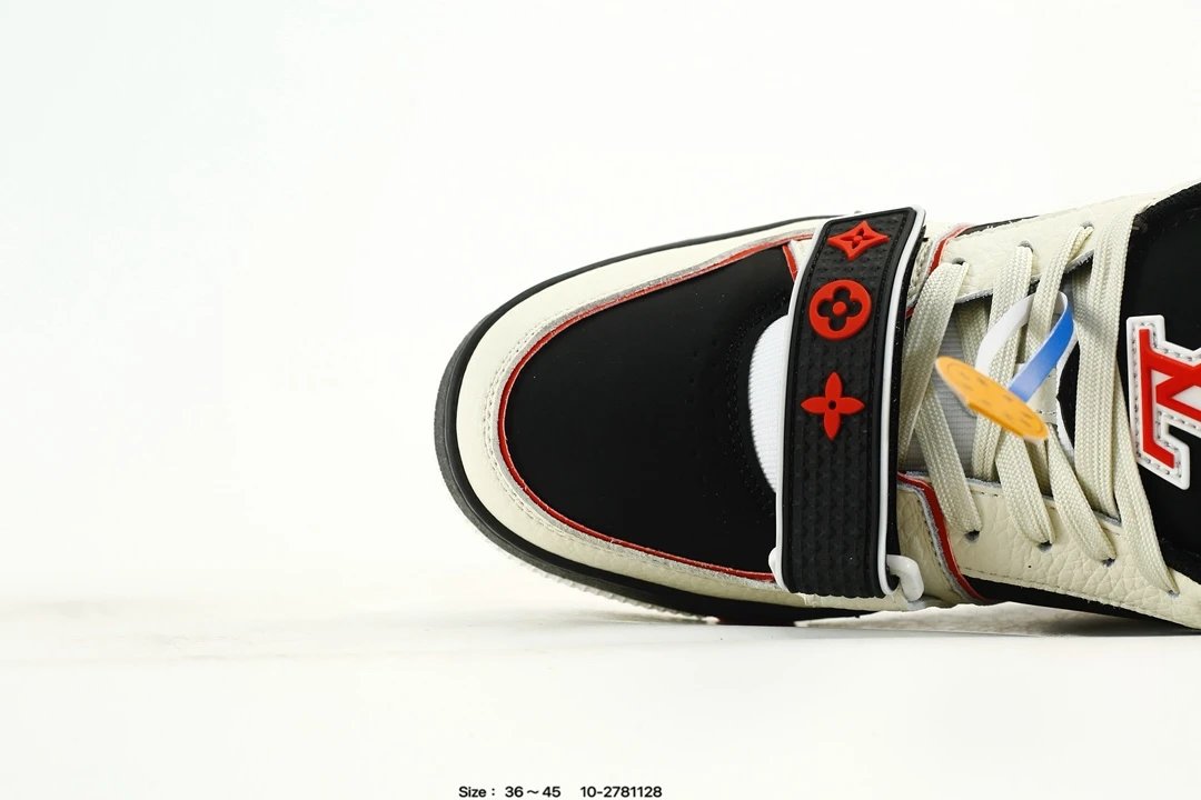Luxury Leather Low Top Trainer Sneakers Ivory Black Red - Gallery Image 5 - Detailed View