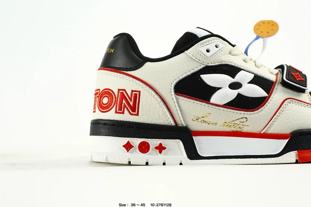 Luxury Leather Low Top Trainer Sneakers Ivory Black Red - Gallery Image 2 - Detailed View