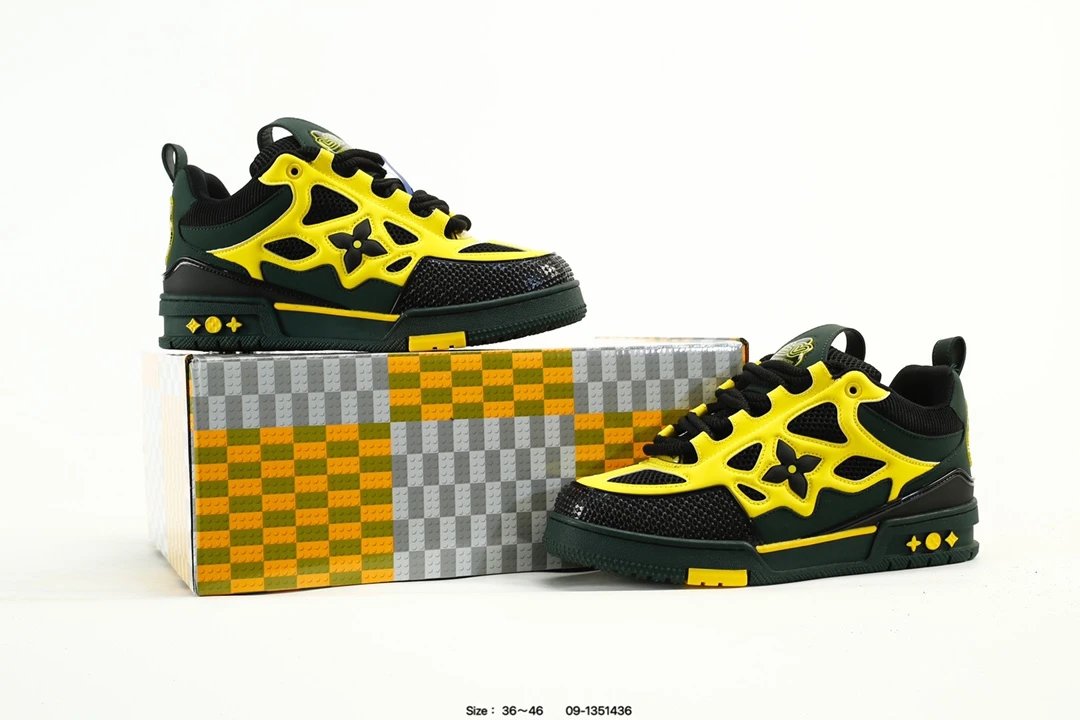 Trainer Sneaker Low Leather Casual Skate Shoes Dark Green Yellow - Gallery Image 9 - Detailed View