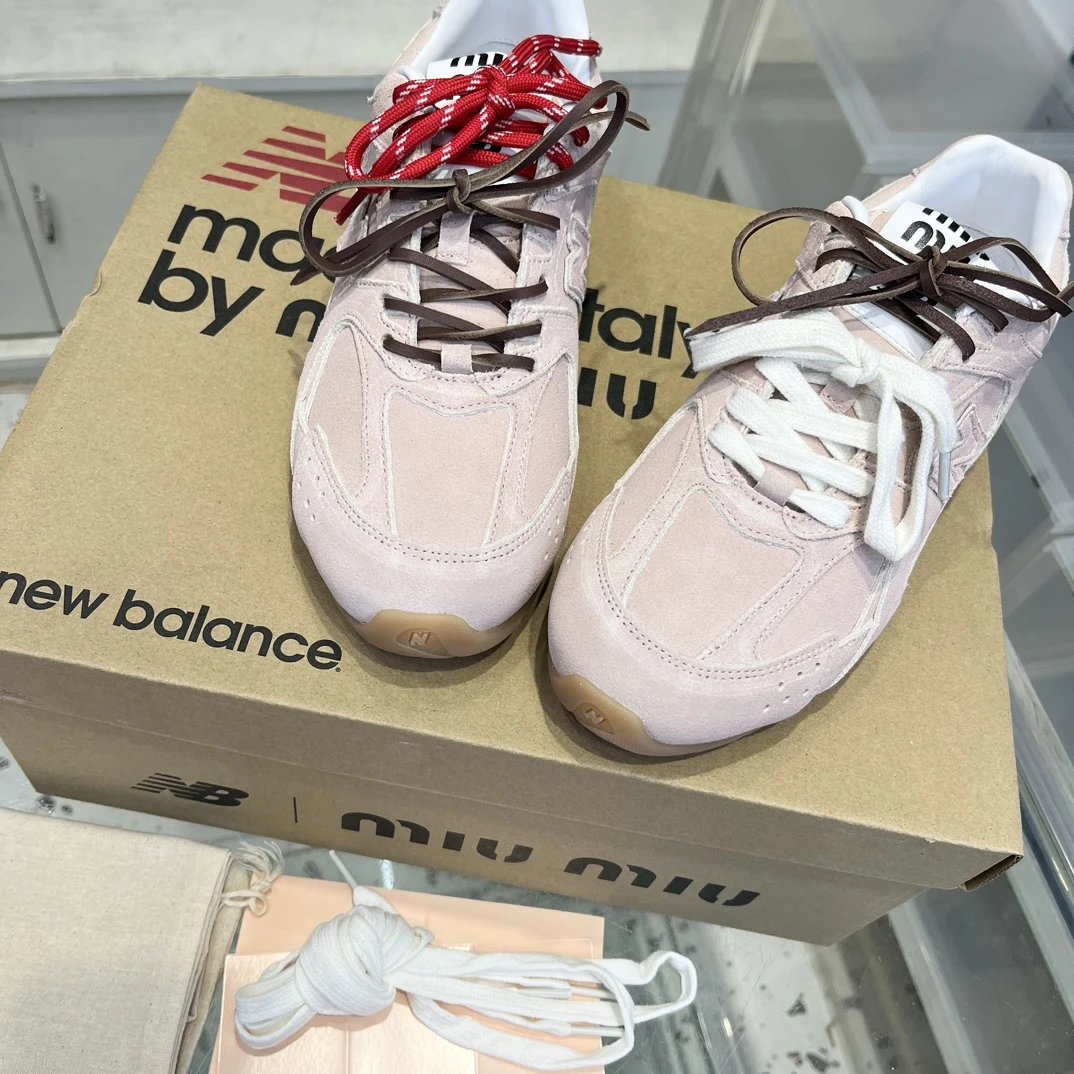 Retro Suede Leather Sneakers Double Lace Blush Pink - Gallery Image 6 - Detailed View