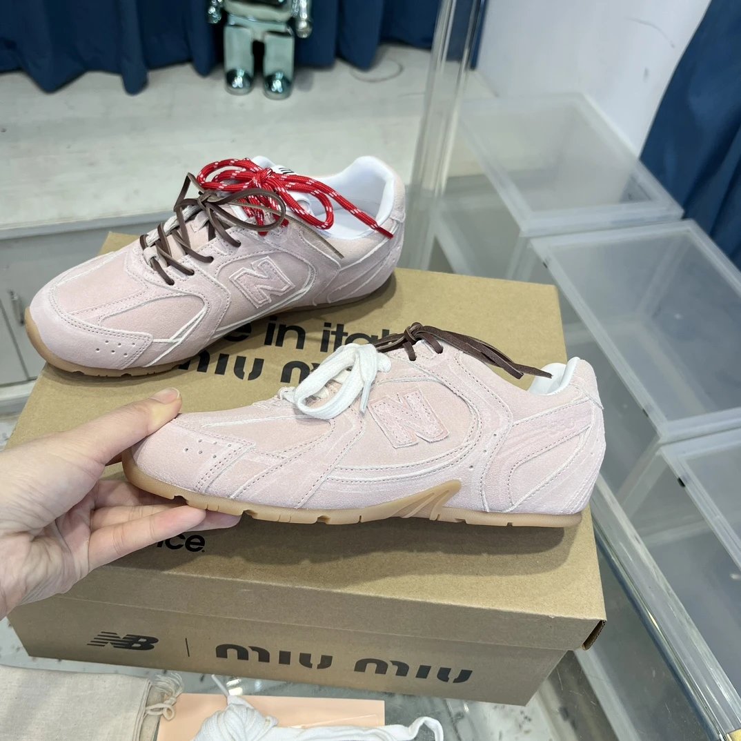 Retro Suede Leather Sneakers Double Lace Blush Pink - Gallery Image 4 - Detailed View