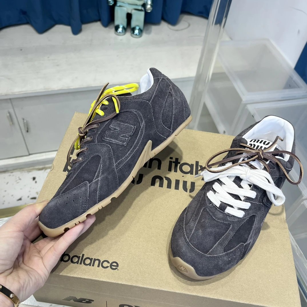 Retro Suede Leather Dual Lace Sneakers Charcoal Grey - Gallery Image 5 - Detailed View