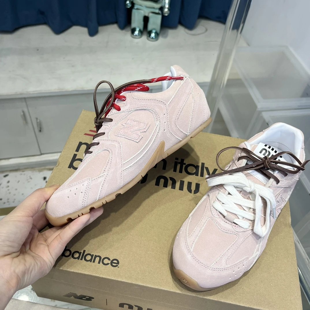 Retro Suede Leather Sneakers Double Lace Blush Pink - Gallery Image 5 - Detailed View