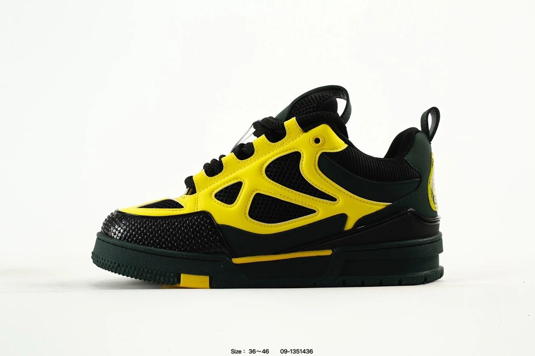 Trainer Sneaker Low Leather Casual Skate Shoes Dark Green Yellow - Gallery Image 3 - Detailed View