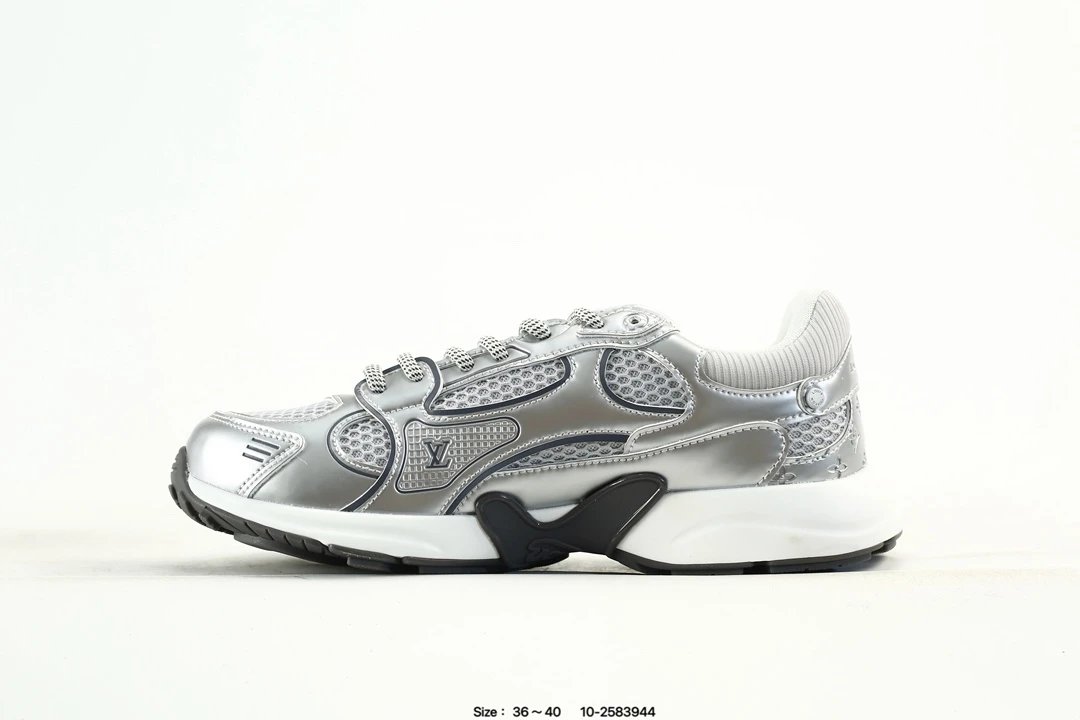 Low Top Leather Mesh Trainer Sneakers Metallic Silver - Gallery Image 3 - Detailed View