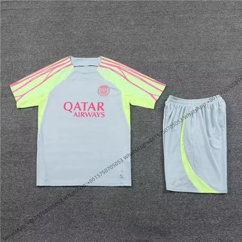 Unbranded Matching Sets Short-Sleeve Football Training Kit — 2324 Paris Light Gray with Green