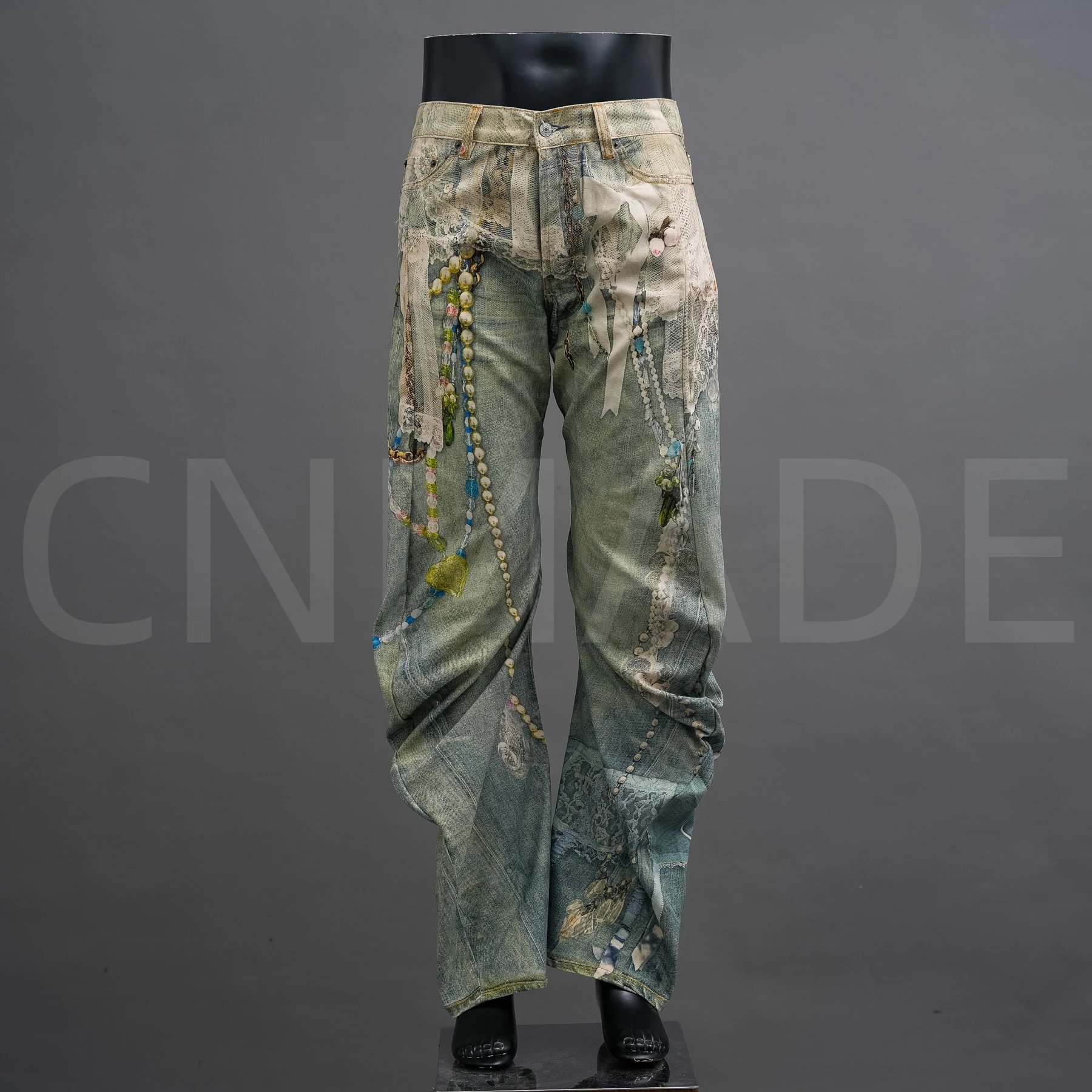 Ac FW25 2006M 蕾丝珍珠链条3D印花宽松弯刀牛仔裤 男女同款