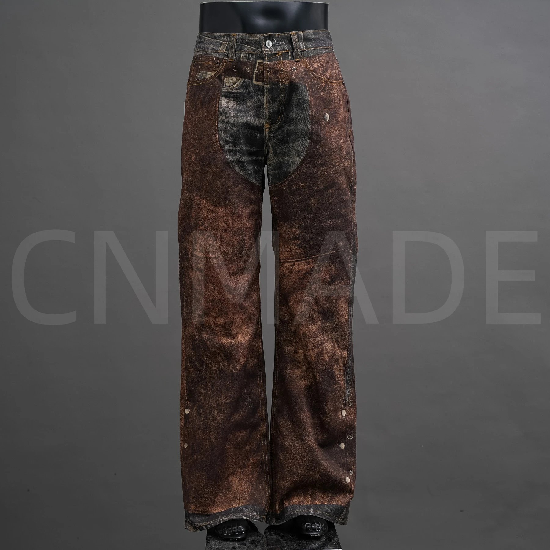 Ac FW25 dirty重工西部错视喷墨仿旧排扣效果 3D印花错视纽扣印花宽松牛仔裤男女同款